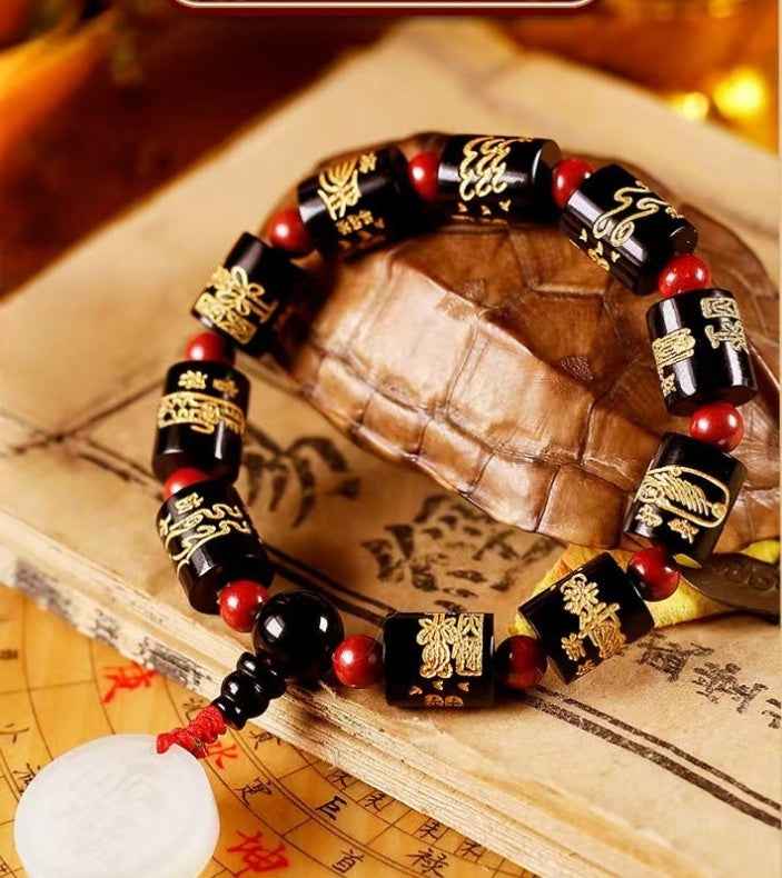 Five Elements Obsidian Jade Bracelet - Hetian Black Jade & White Jade Talisman (18cm Circumference)